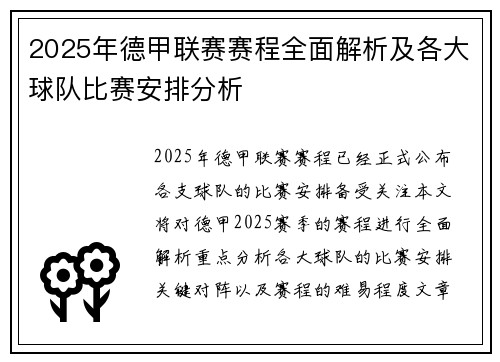 2025年德甲联赛赛程全面解析及各大球队比赛安排分析